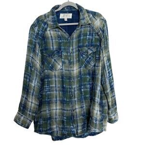 Ryan Michael green blue plaid western pearl snap shirt large cowboy ranch rodeo